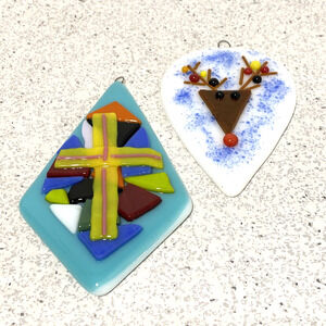Unique art glass Christmas ornaments hanging fused lampwork reindeer & crucifix